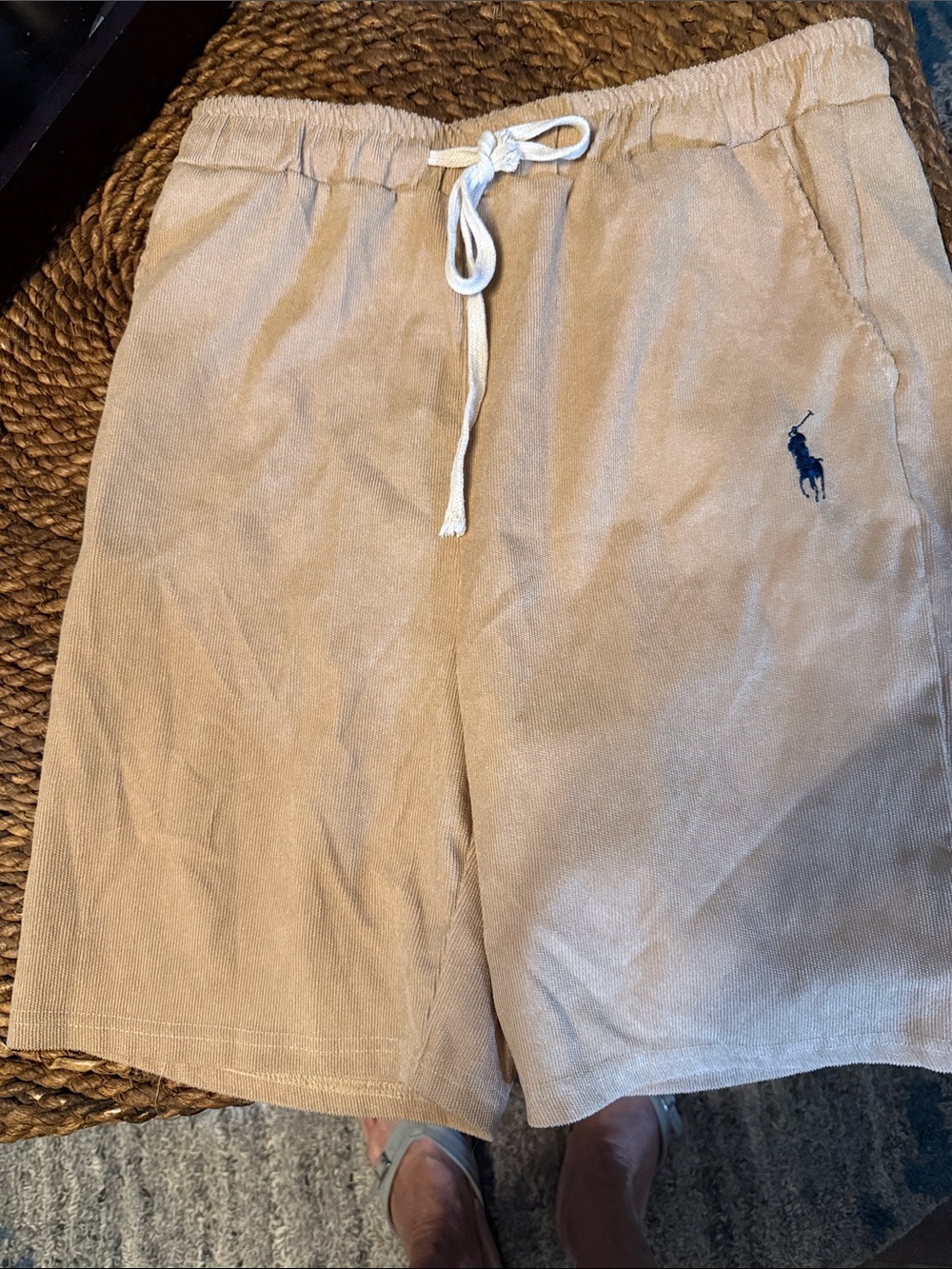 Ralph Lauren Tan Corduroy Flat Front Shorts with Navy Polo Logo